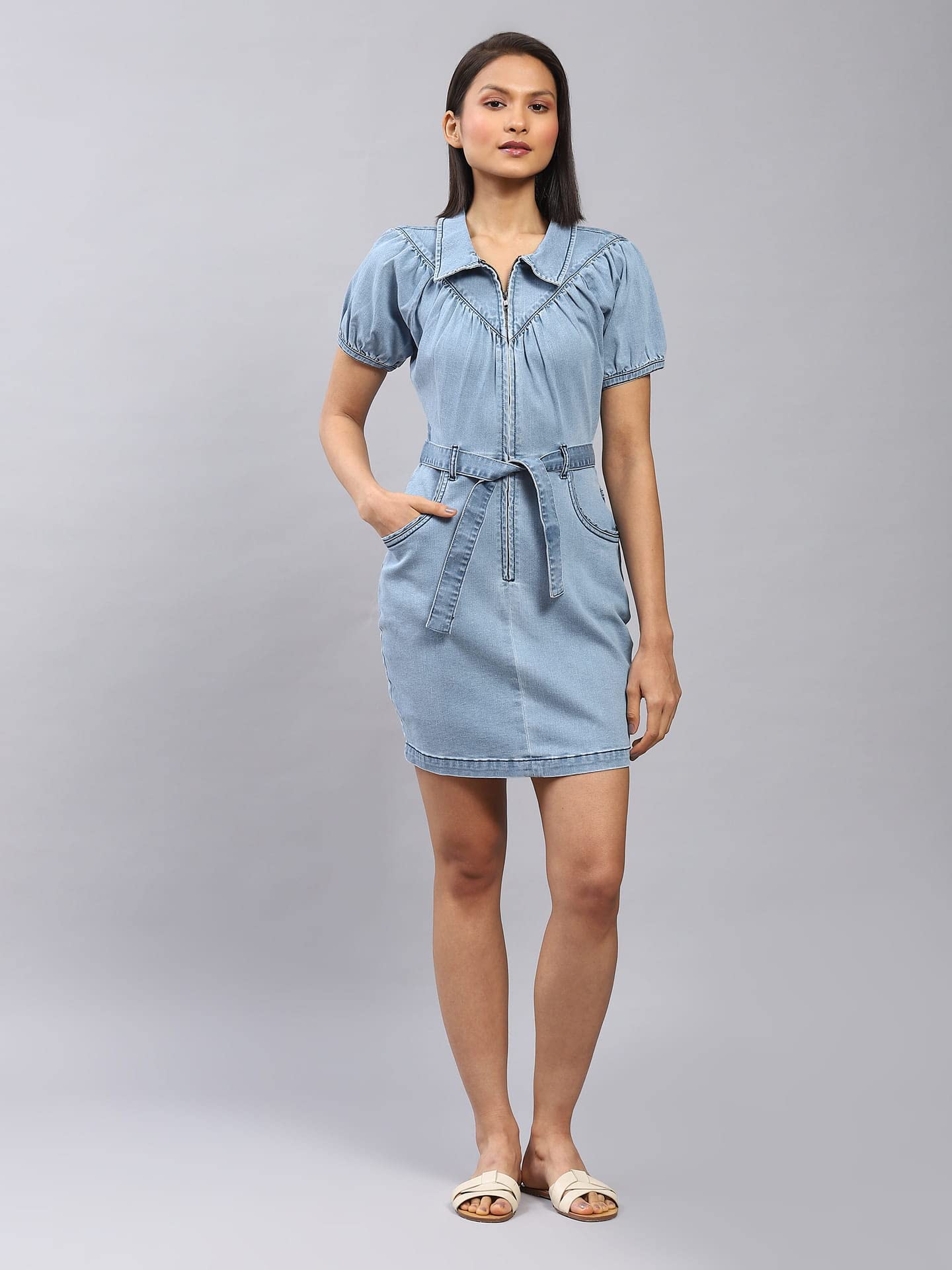 Label RITU KUMAR Light Blue A-line Denim Dress with Belt