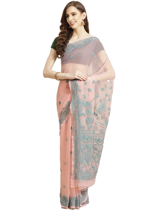 Ada Hand Embroidered Lucknow Chikankari Women's Georgette Saree with Unstitched Blouse Piece A311195 Peach