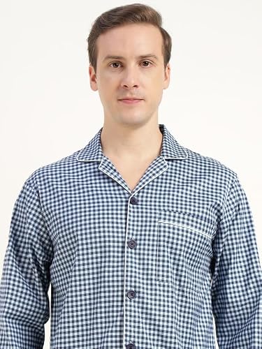 Hancock Men Cotton Checked Relaxed Fit Night Suit Blue Size S