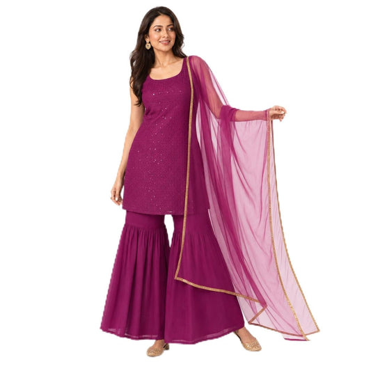 THIRD QUADRANT TQ Women's Rayon Blend Staright mirror work Kurta with Palazzo & Dupatta (IN, Alpha, M, purple)