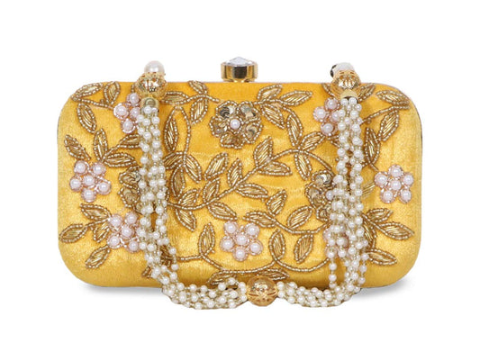 DUCHESS Women's Velvet Zari Zirkon Box Clutch Purse (Yellow)