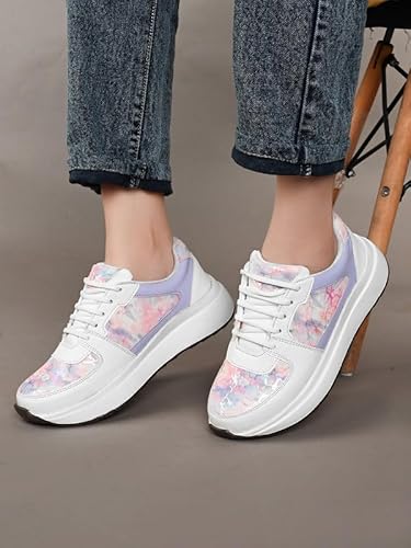 XE Looks Women Printed Lace-Up Sneakers | Comfortable Lightweight Soft Sole Casual Shoes for Girls | Fashionable, and Stylish Design Footwear | Ideal for Walking, Running and Daily Use (Purple)