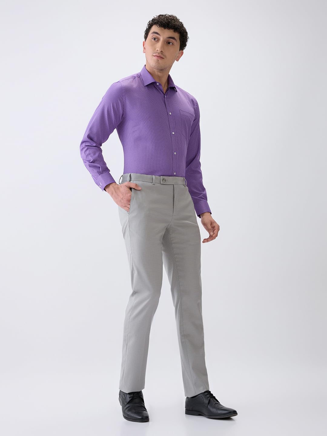 Park Avenue Men Slim Fit Checks Pattern Poly Viscose Blend Flat Front Formal Trouser (Size: 34)-PMTC08072 Light Grey