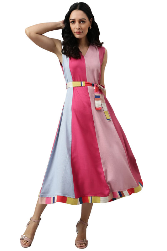 W for Woman Women's Rayon Bright Multicoloured Colour Block Sleeveless Dress Calf Length 22AUW17870-217307_Multicolored