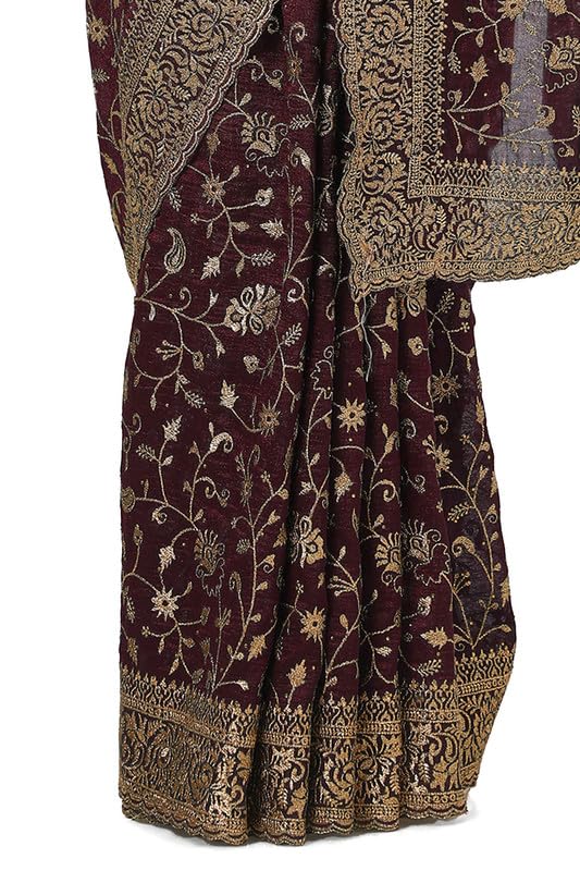 Soch Womens Wine Tussar Embroidered Saree With Stone Work