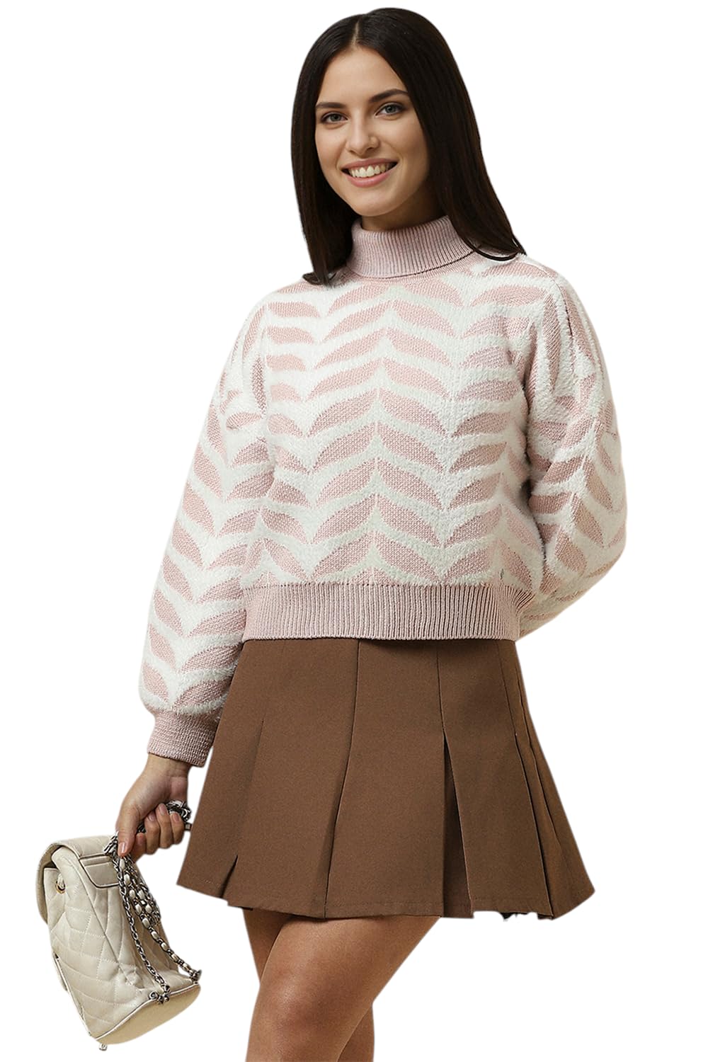 Allen Solly Women Pink Print Turtle Neck Casual Sweater