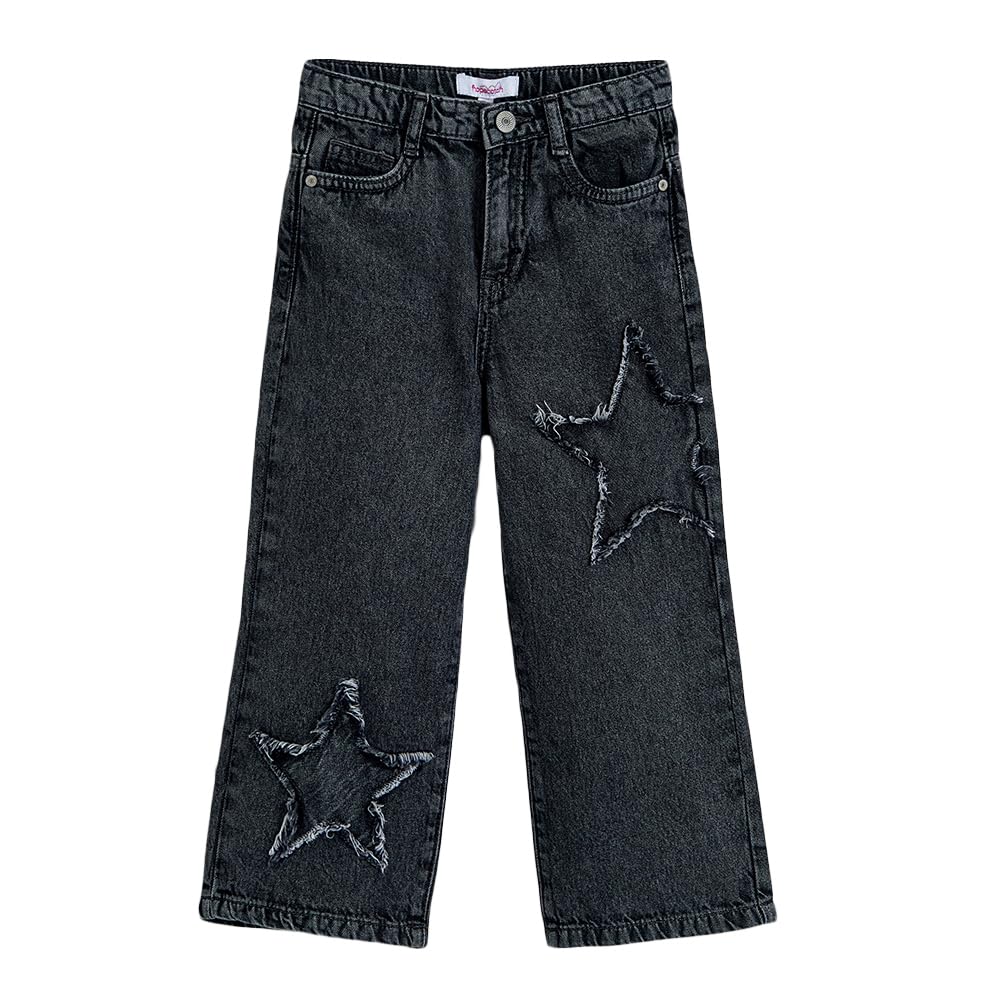 Hopscotch Girls Black Star Applique Cotton Wide Leg Jeans (6-7 Years)