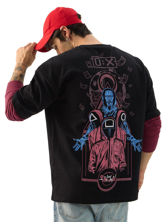 The Souled Store Official Squid Game: Front Man Men and Boys Round Neck Black Graphic Printed Cotton Oversized Full Sleeve T-Shirts