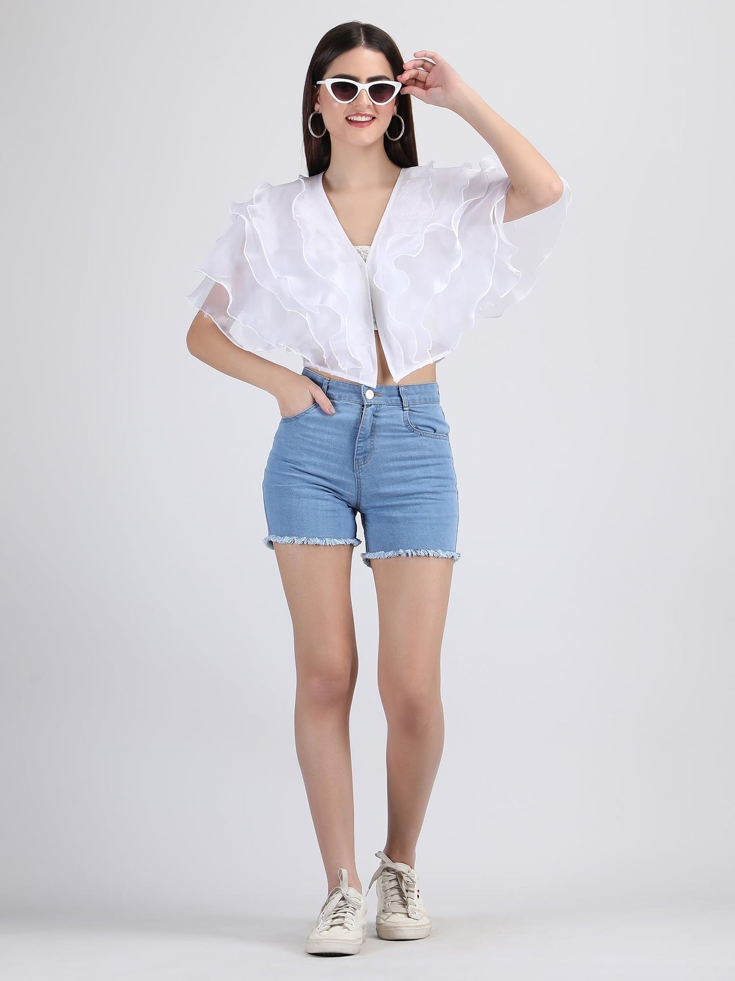 PepTrends Denim Shorts with Single Button and Rugged Fringed Hemline(Light Blue, X-Small)