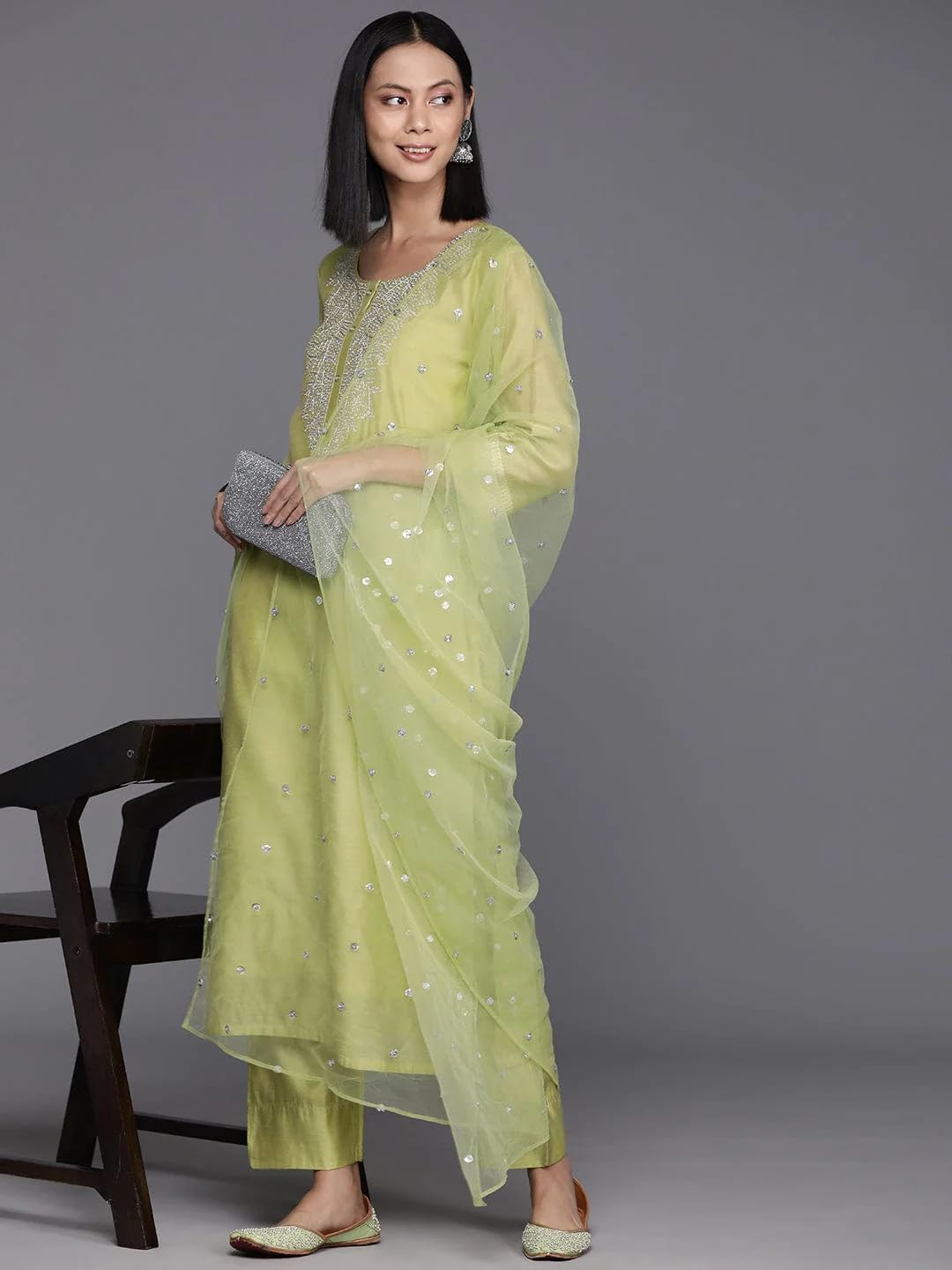 DISHWA FASHION Women's Embroidered Chanderi Kurti, Salwar and Dupatta Set (XX-Large, GREEN)