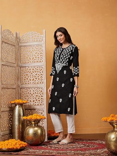 Ada Hand Embroidered Lucknowi Chikankari Cotton Kurta Kurti for Women A411750 Black (XL)