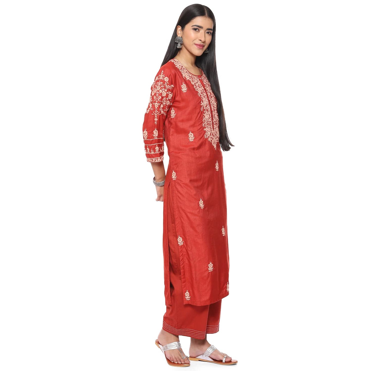 BIBA Women Embroidery Straight Salwar Kurta Dupatta(SKDCHIKANKA8156_Terracotta_38)