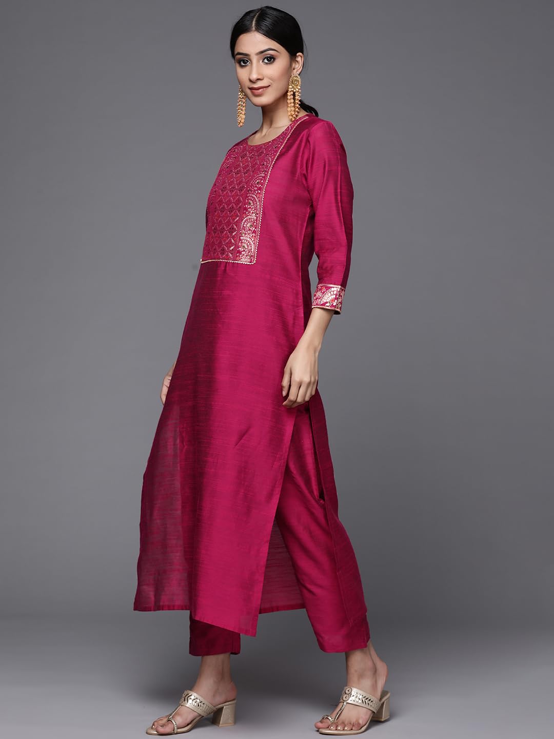 Varanga Magenta Silk Kurta Set for Women – Elegant Woven Yoke, Gota Embellishment, Elasticated Trouser, Side Slits – Stylish & Comfortable Ethnic Wear (Extra Large)