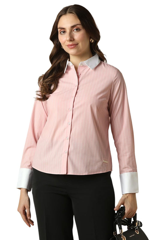 Women Pink Stripe Long Sleeves Shirt