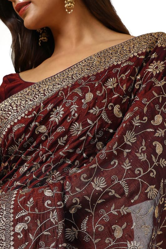 Soch Womens Maroon Tussar Embroidered Saree With Stone Work