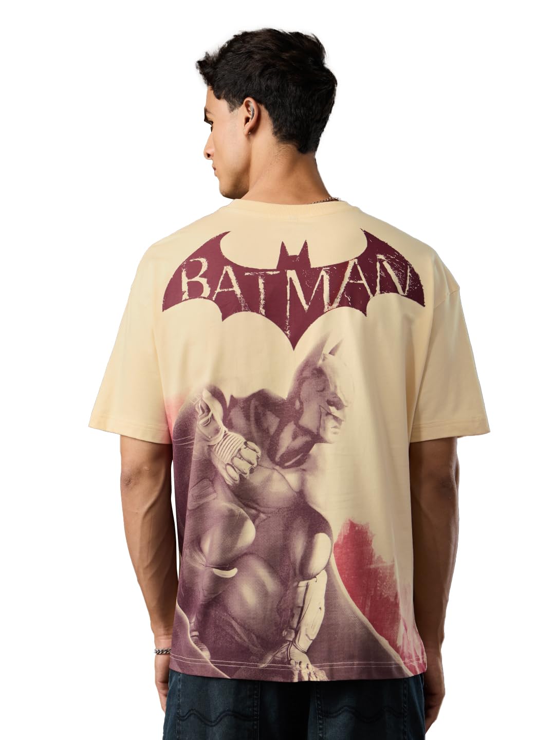 The Souled Store Batman: City of Arkham Men and Boys Short Sleeves Round Neck Beige Graphic Printed Cotton Oversized T-Shirts