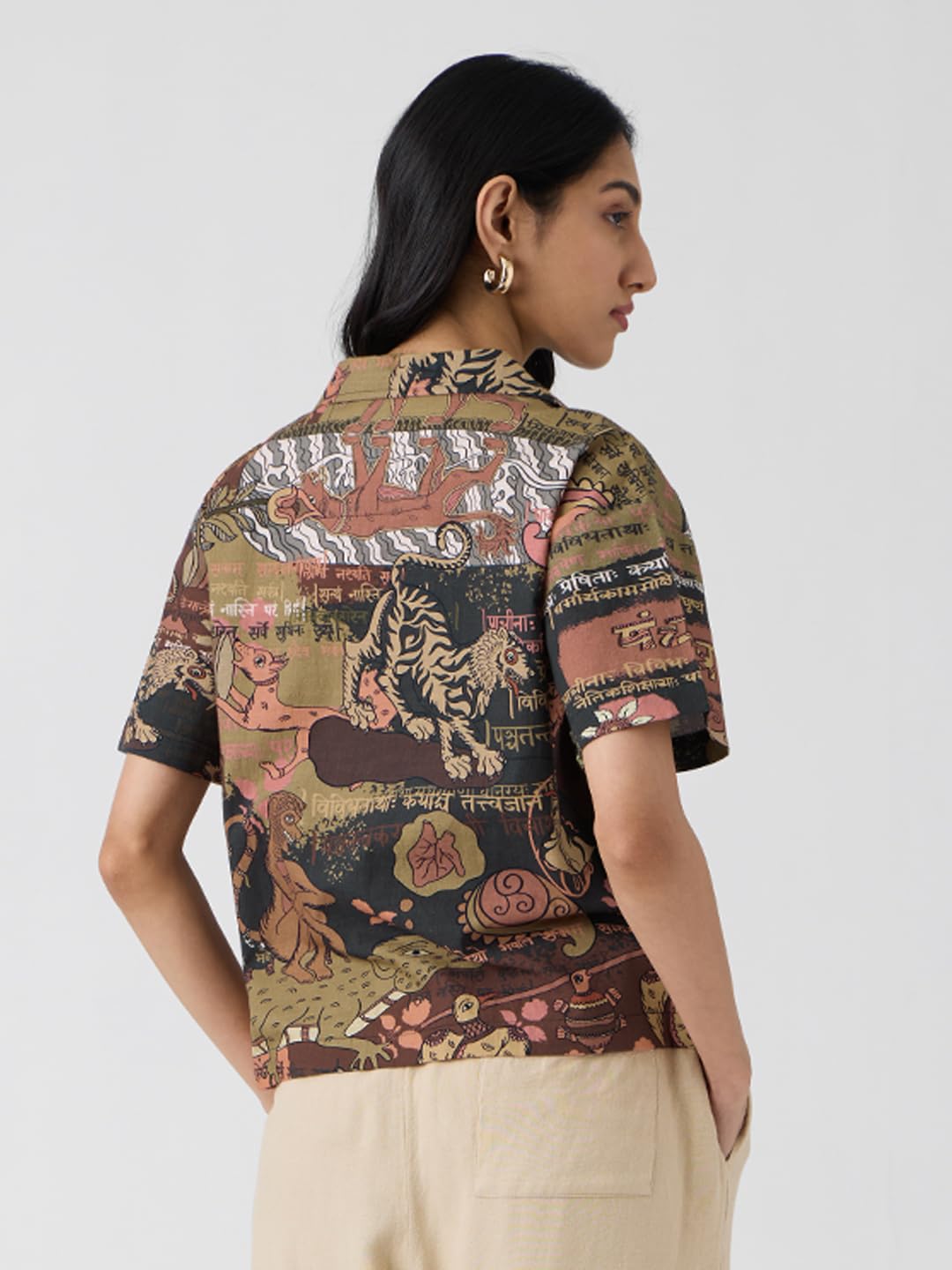 The Souled Store Panchatantra Women and Girls Short Sleeves Collared Neck Button Front Brown All Over Printed Oversized Fit Cotton Holiday Shirts