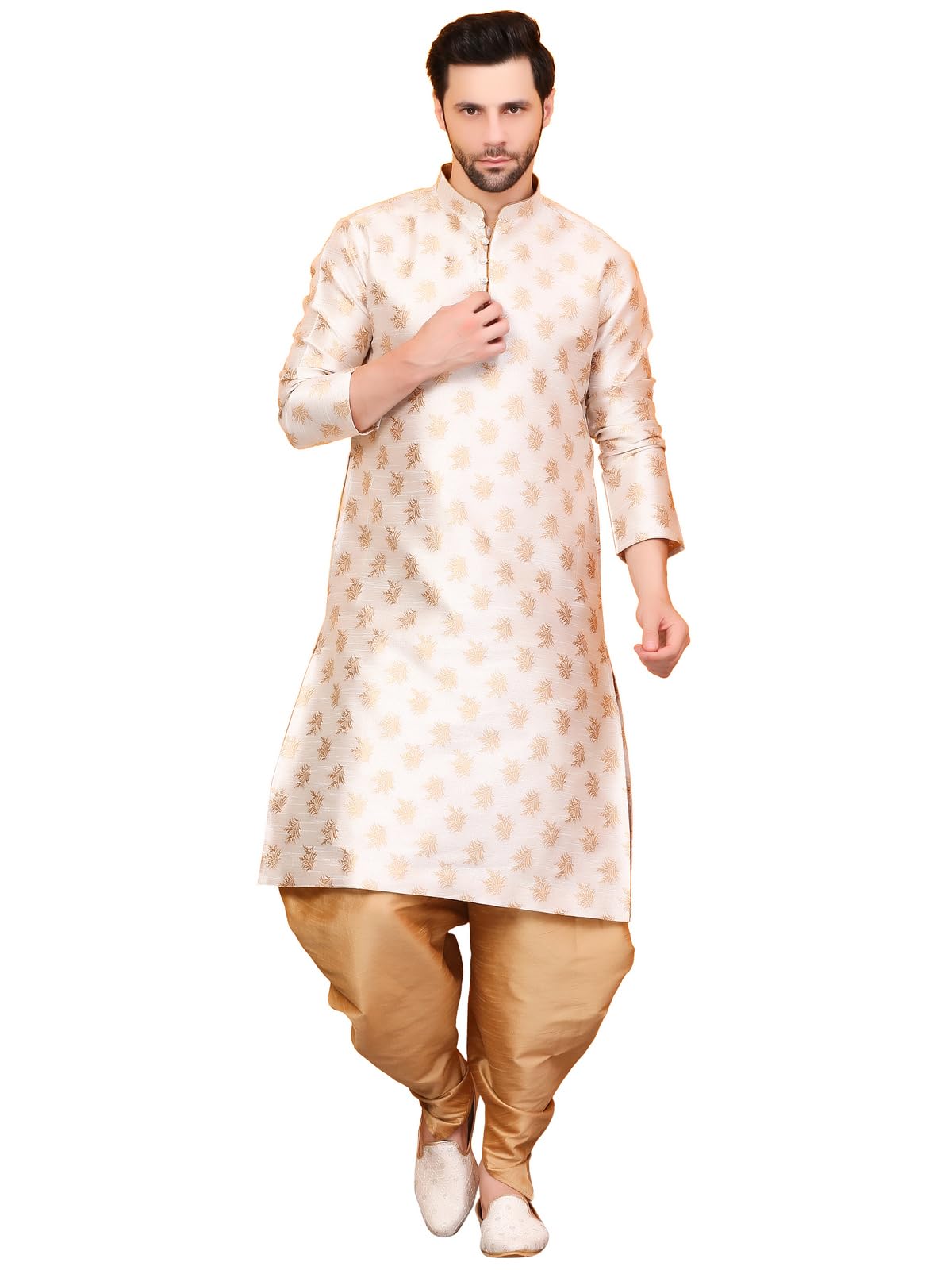 Over Crowd Men New Look Floral Gold Leaves Jacquard Kurta & Salwar Set (Cream & Gold);Size:42, XL