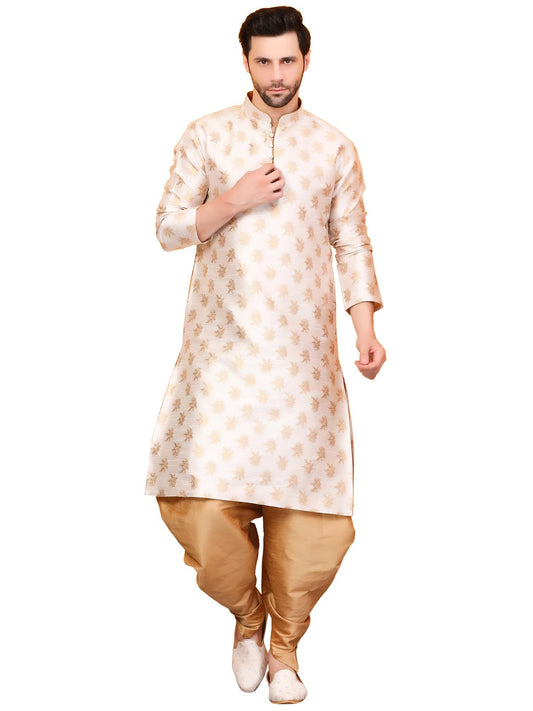 Over Crowd Men New Look Floral Gold Leaves Jacquard Kurta & Salwar Set (Cream & Gold);Size:42, XL