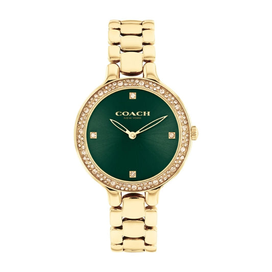 COACH Women Chelsea Qtz Basic Green Round Dial Analog Watch|Ionic Plated Thin Gold Steel Material|Gold Color Band - 14504251