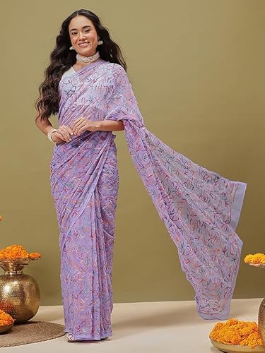 Ada Hand Embroidered Lucknowi Chikankari Georgette Saree for Women with Unstitched Blouse Piece A311384 Lavender