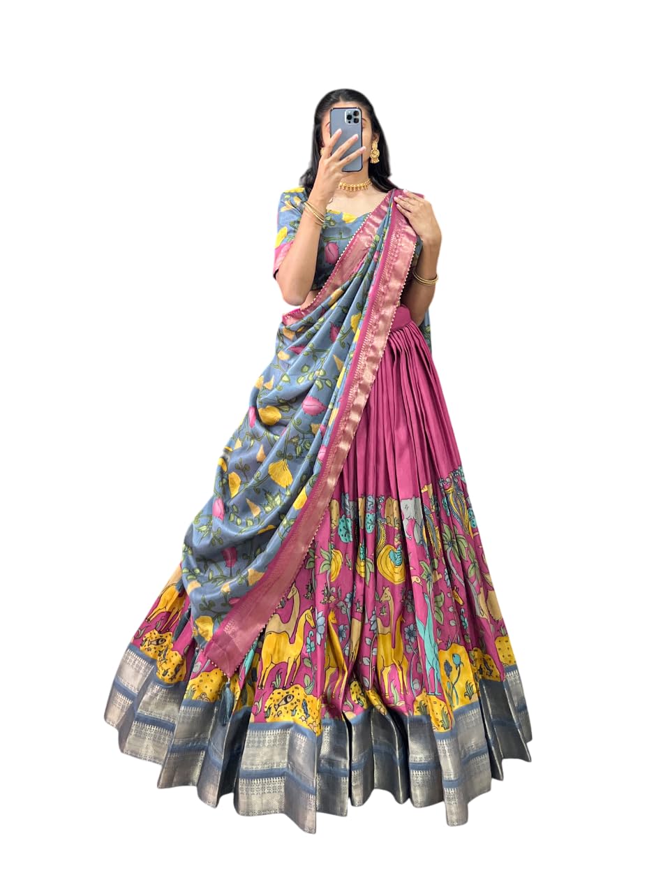 Snazzy Stitch Women's Floral & Patola Print With Foil Work Tussar Silk Ethnic wear Tassels and Zip Closuer Readymade Lehenga Choli With Dupatta (PINK)