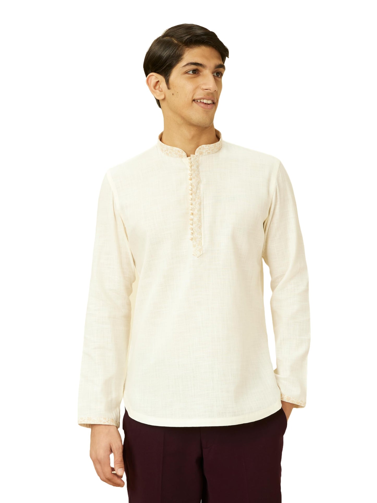 Manyavar Mens Cream Cotton Short Kurta