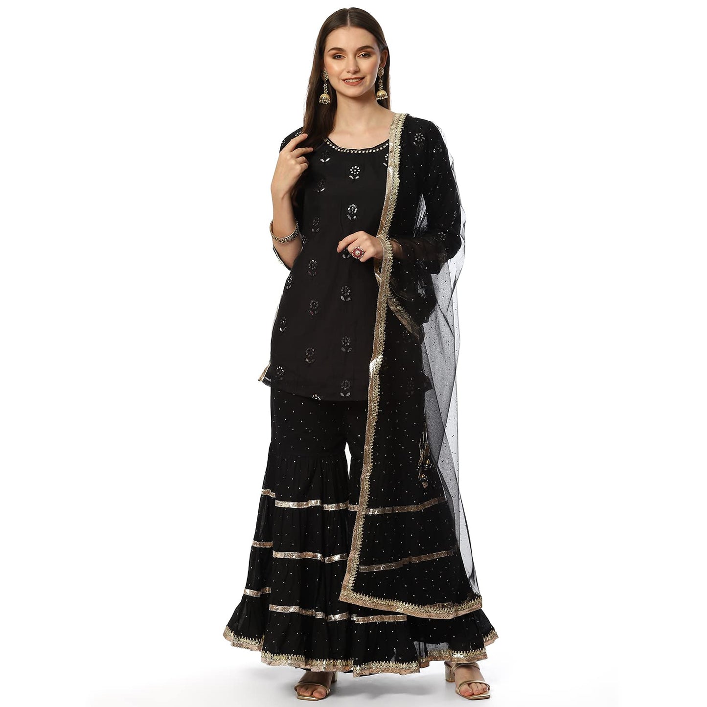 BIBA WOMEN EMBROIDERY RELAXED SALWAR KURTA DUPATTA(SKDKINARI7948_BLACK/WHITE_40)