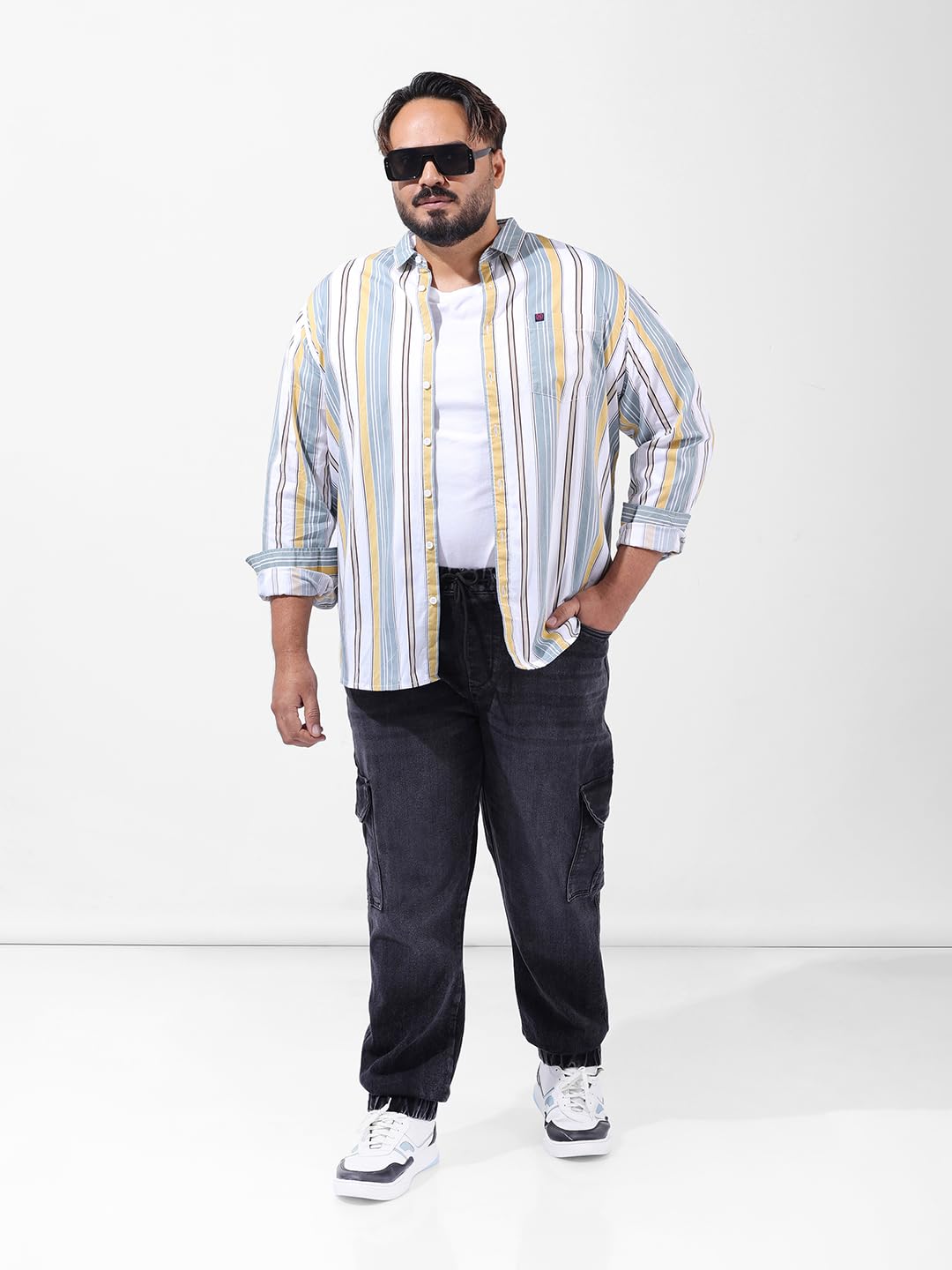 Hardsoda Men Plus Size Regular Fit Vertical Striped Casual Shirt (Green_5XL)