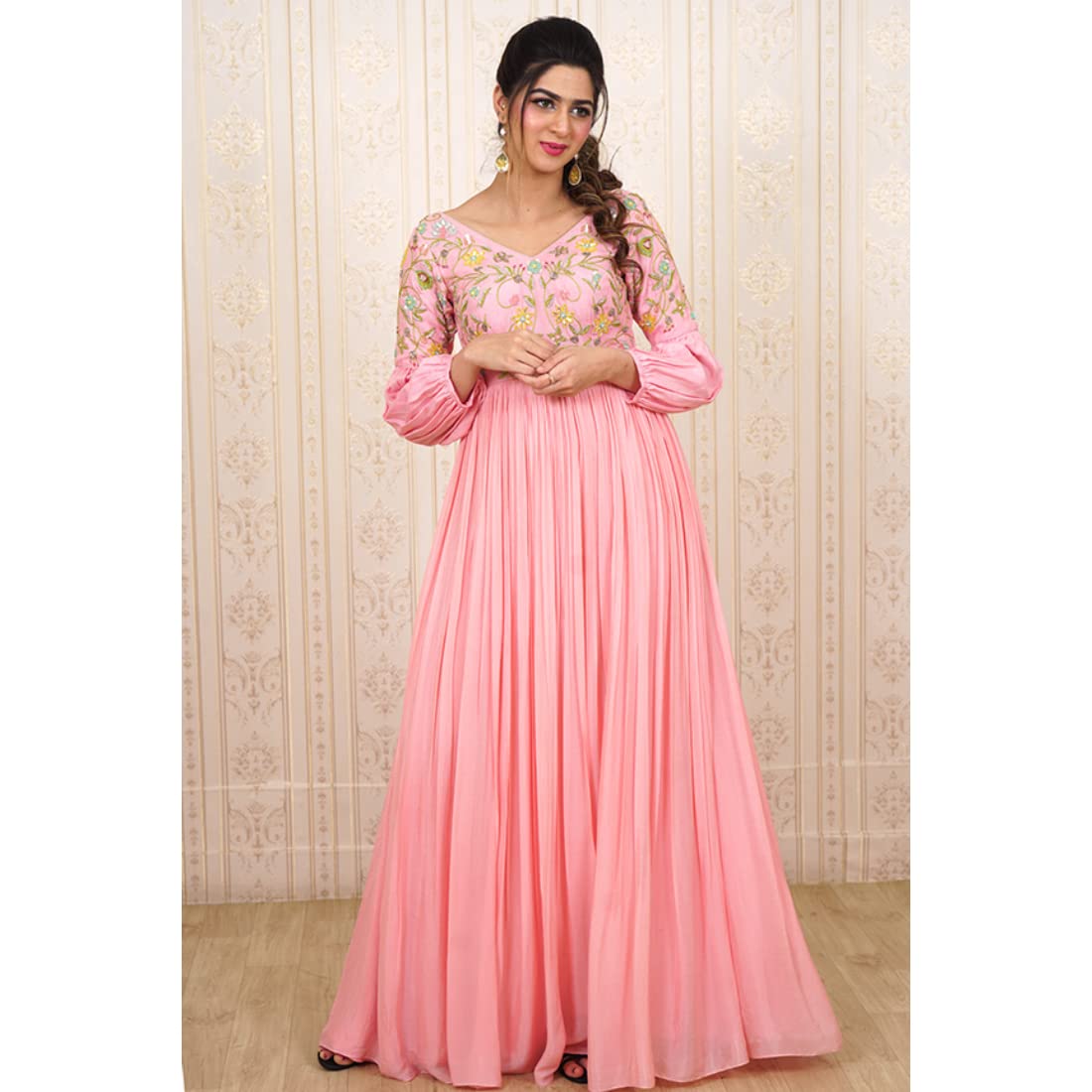Avy's Label Chiffon Long Frock Baby Pink Maggam Work Lining Attached (Baby Pink, 38)