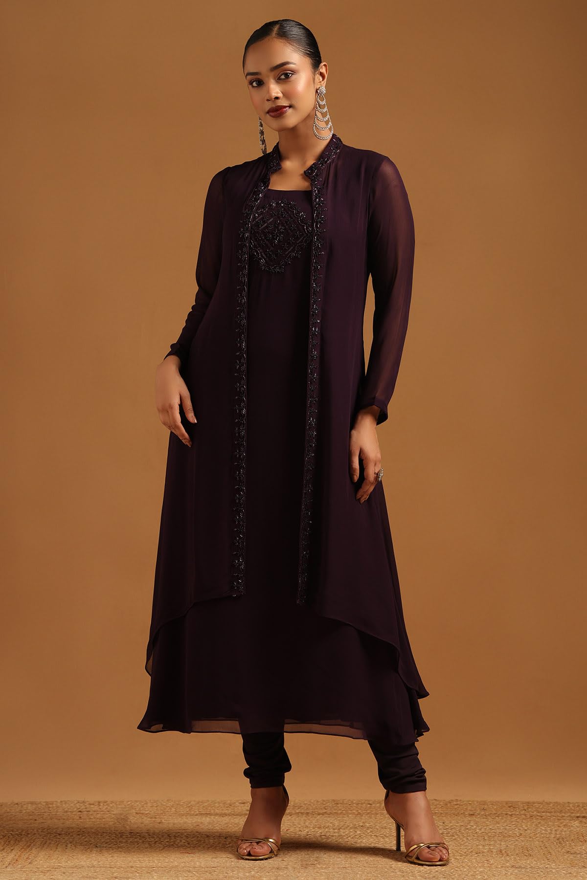 Soch Womens Wine Georgette Solid Salwar Suit With Beads And Stones