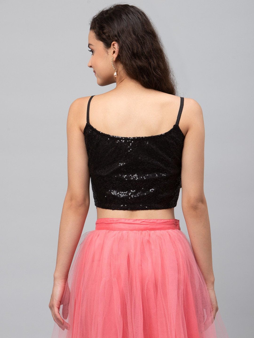 studio rasa Women's Plus Size Net Sequins Embroidered Spaghetti Blouse for Wedding Party Festive (TPWC22121-3XL_BLA_Black_3X-Large)