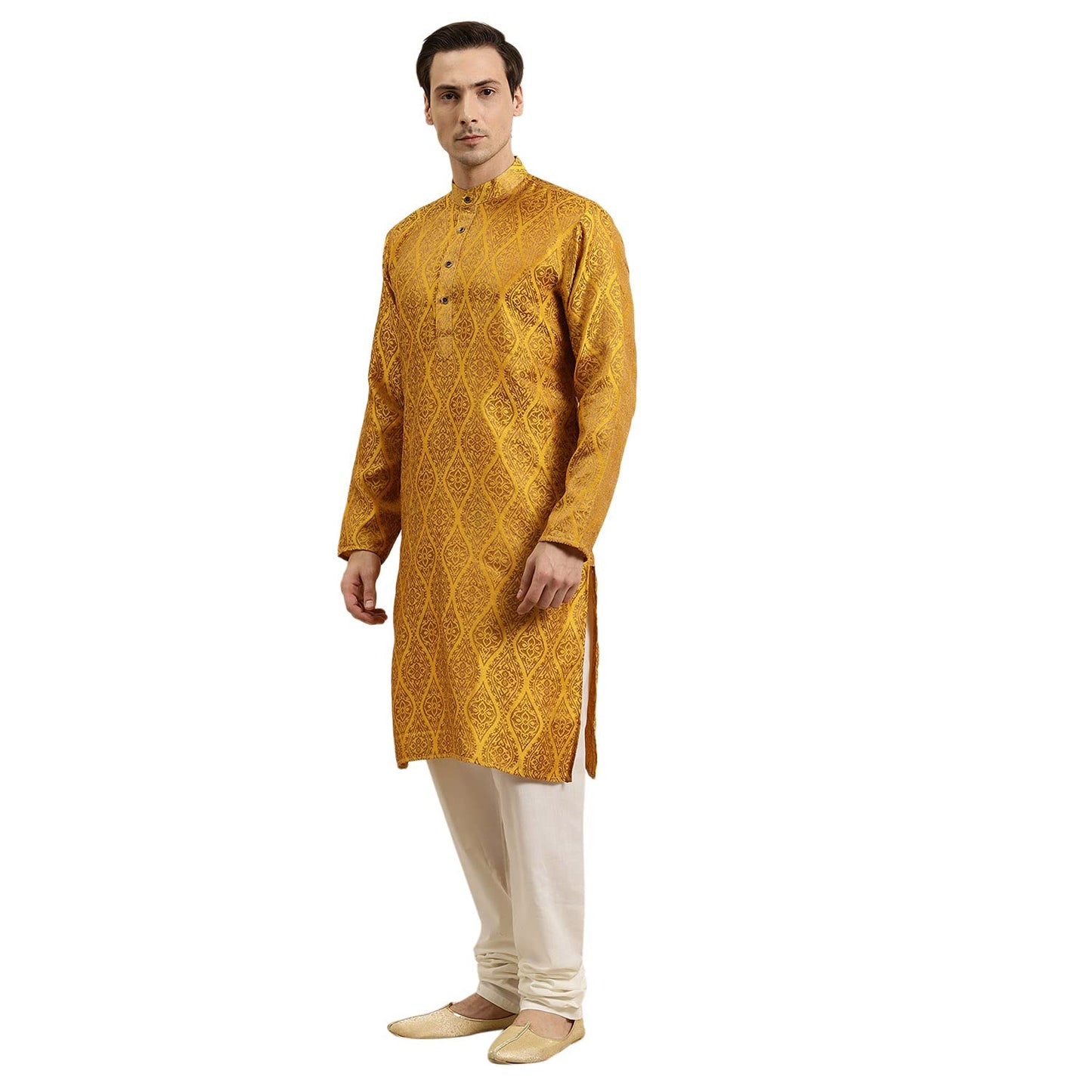 SOJANYA (Since 1958 Men's Jacquard Silk Mustard & Gold Kurta Size 38