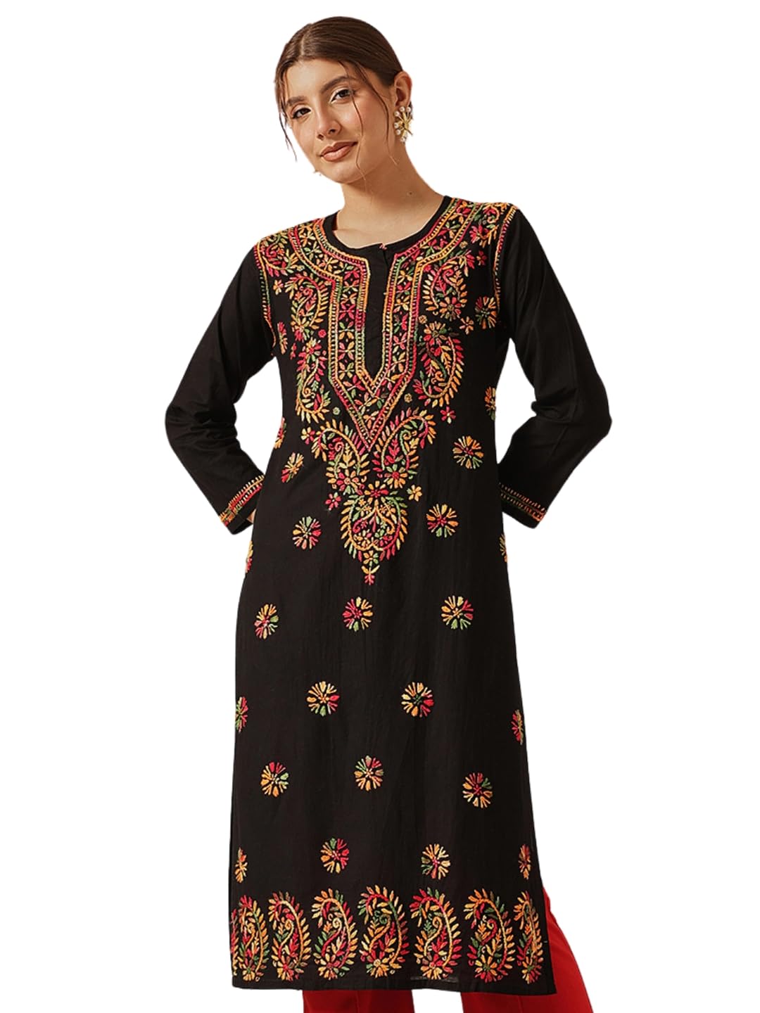 Ada Lucknowi Chikankari Hand Embroidered Straight Black Cotton Regular Fit Kurta Kurti Tunic for Women A188048 (XL)