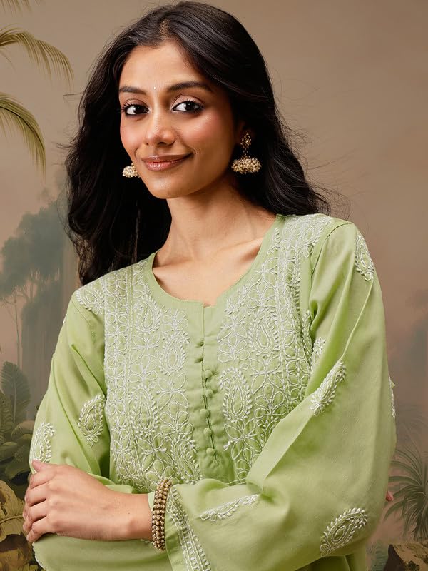 Ada Women Cotton Relaxed Fit Hand Embroidered Green Short Kurta Kurti Lucknow Chikankari Top Tunic A911461 (XS)