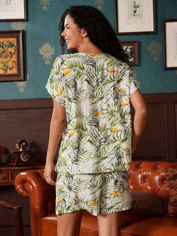 Clovia Women's Rayon Printed Top & Shorts Set (LS0533P11_Green_L)