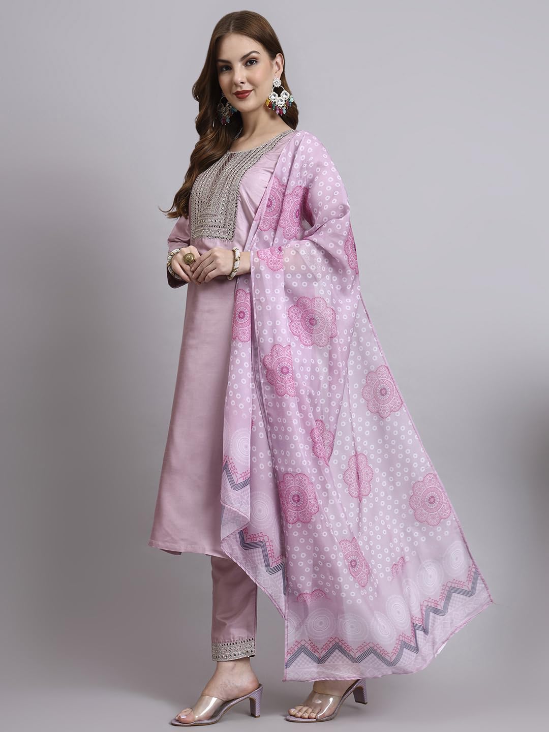 GALGOTO Women's Yellow Embroidered Kurta Pant with Organza Printed Dupatta Set, 3/4 Sleeve, Traditional Indian Ethnic Wear (IN, Alpha, S, Regular, Light Pink)