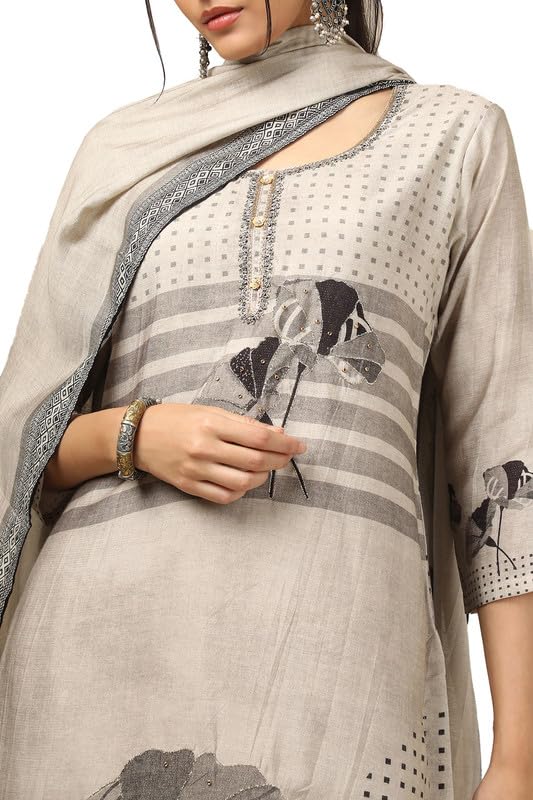 Soch Womens Beige Muslin Floral Print Suit Set with Cutdana