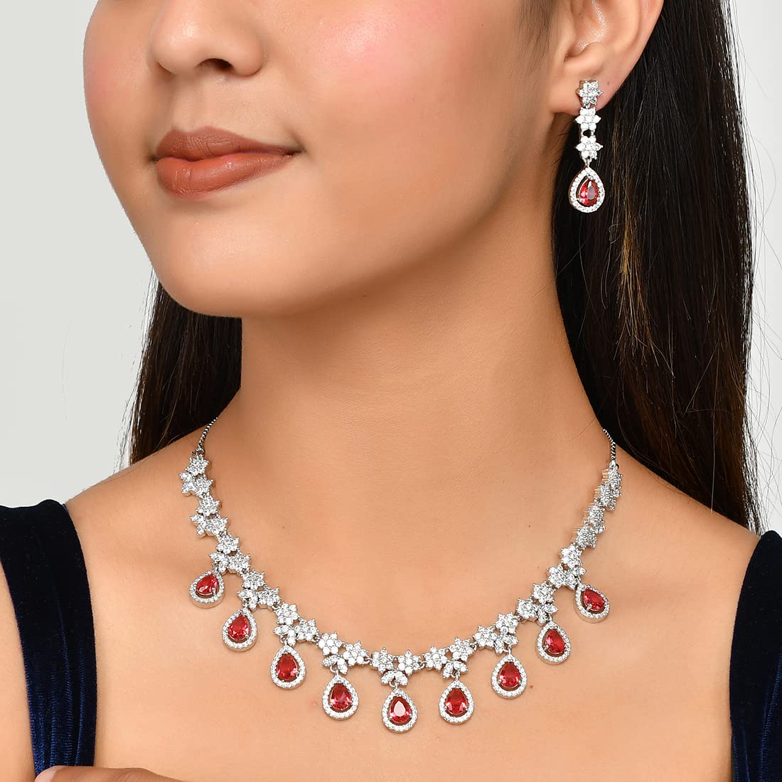 VOYLLA Cz Elegance Red Teardrop Silver Plated Necklace Set