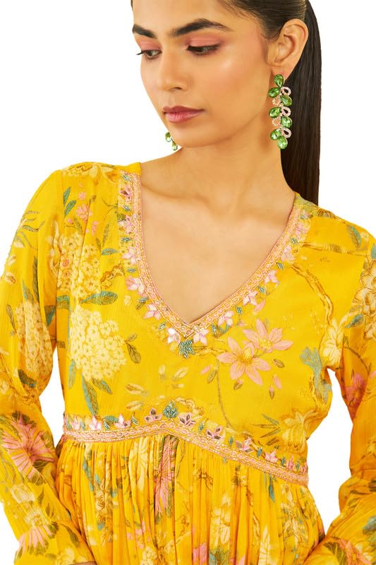 Soch Womens Yellow Chinon Floral Printed Ethnic Dress with Mirror Work