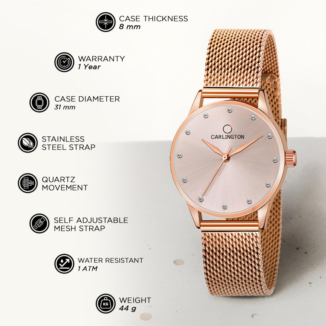 Carlington Womens Analog Ladies Wrist Watch With Mesh Strap-Ct 2009 Rose Gold