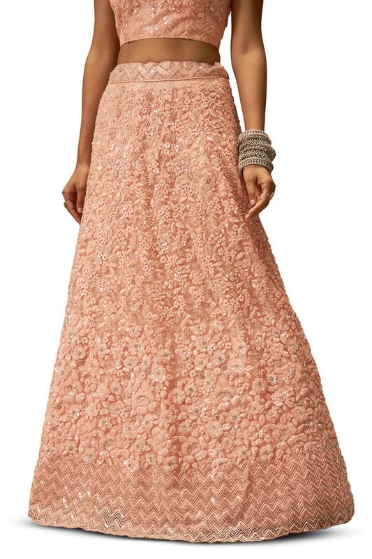 Soch Womens Peach Net Floral Embroidered Sequin Embellished Unstitched Lehenga Set