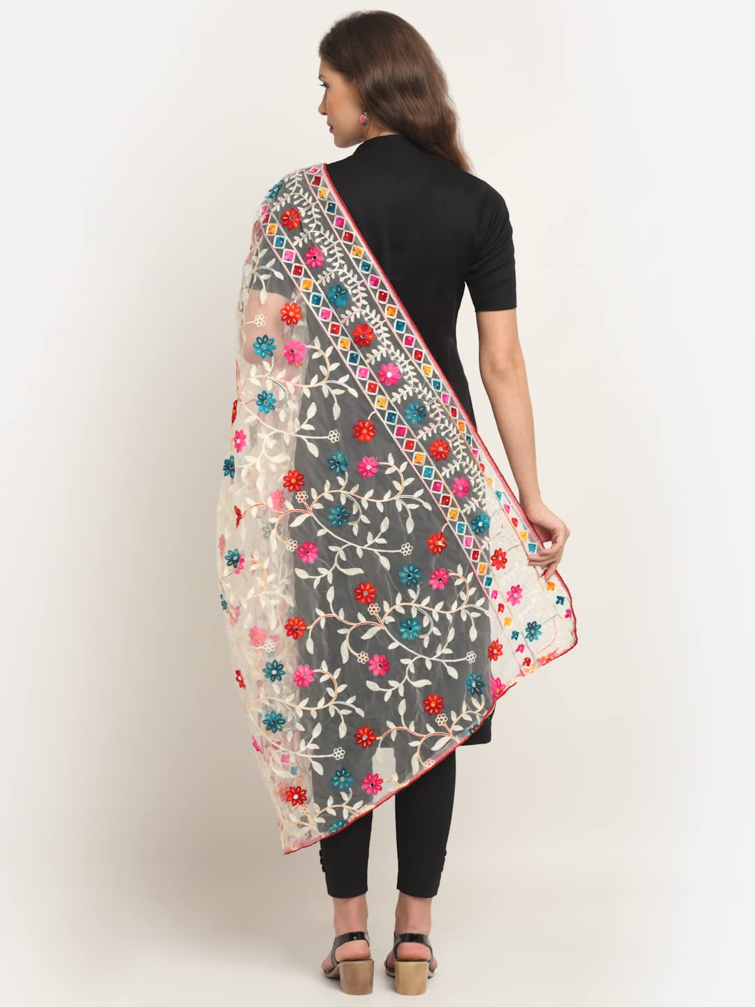 Shasmi Women's Heavy White Colour Net Embroidered Fancy phulkari work Dupatta for women (White)