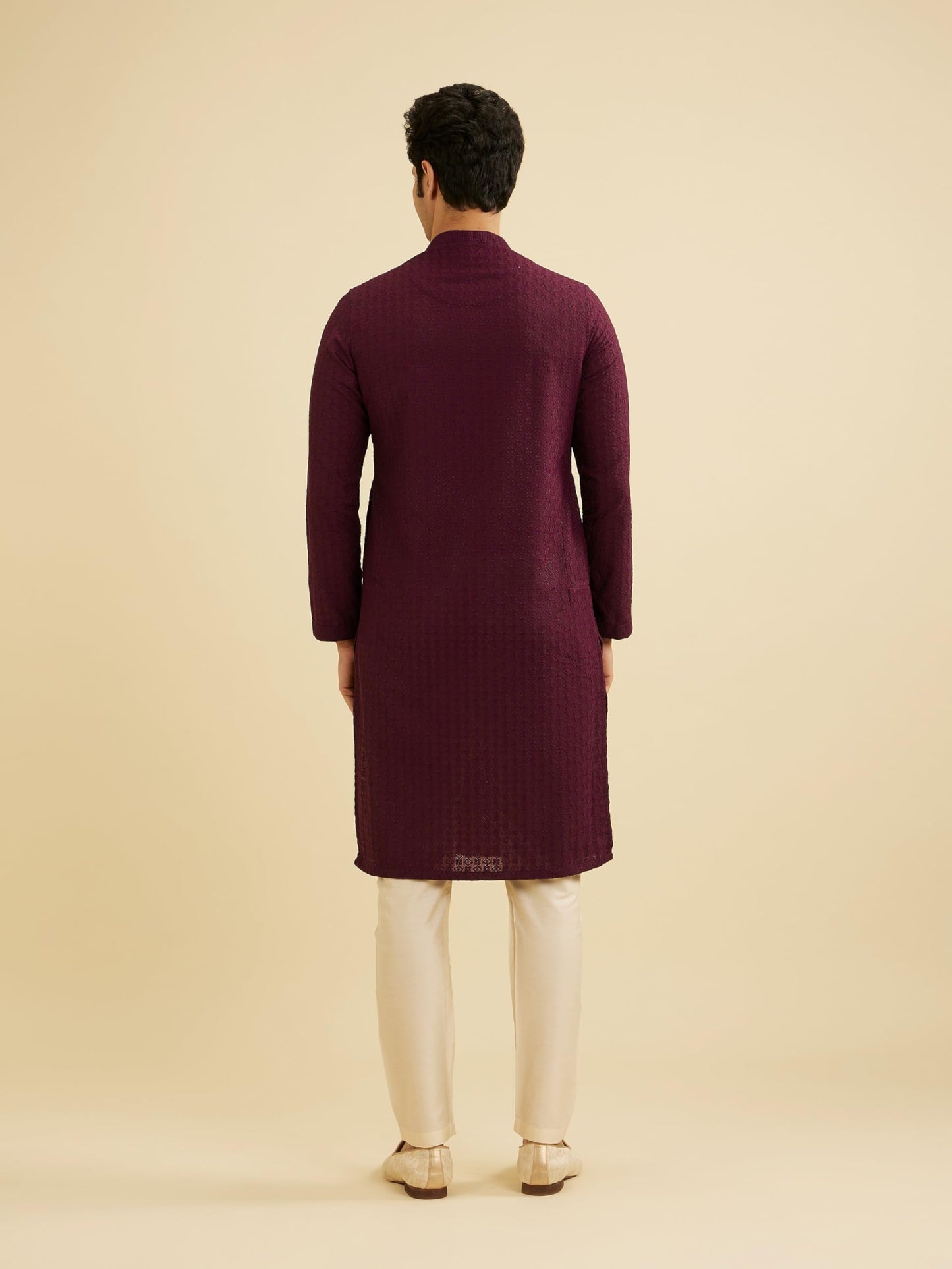 Manyavar Men's Cotton Blend Traditional Chikankari Kurta Pyjama Set (Wine,L)