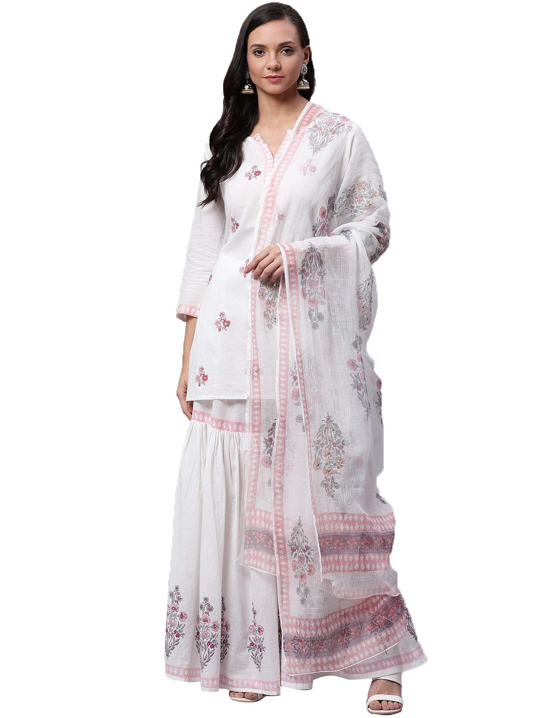 Divena Women's Plus Size Cotton Kurta, Sharara and Dupatta Set (White, 52) DK0541-7XL