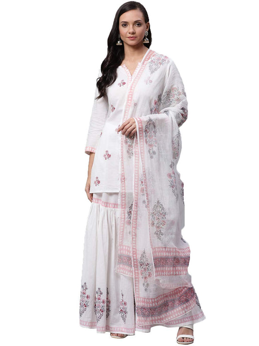 Divena Women's Plus Size Cotton Kurta, Sharara and Dupatta Set (White, 52) DK0541-7XL