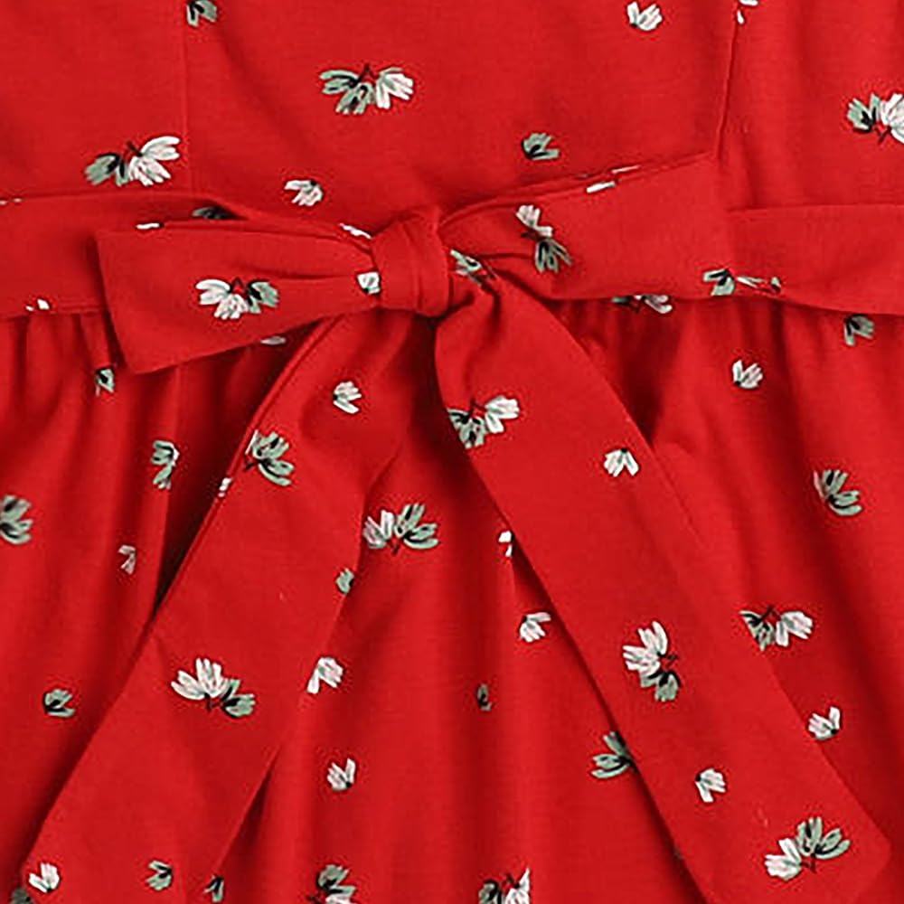 Hopscotch Girls Floral Print Casual Dress In Red Color for Ages 3-4 Years