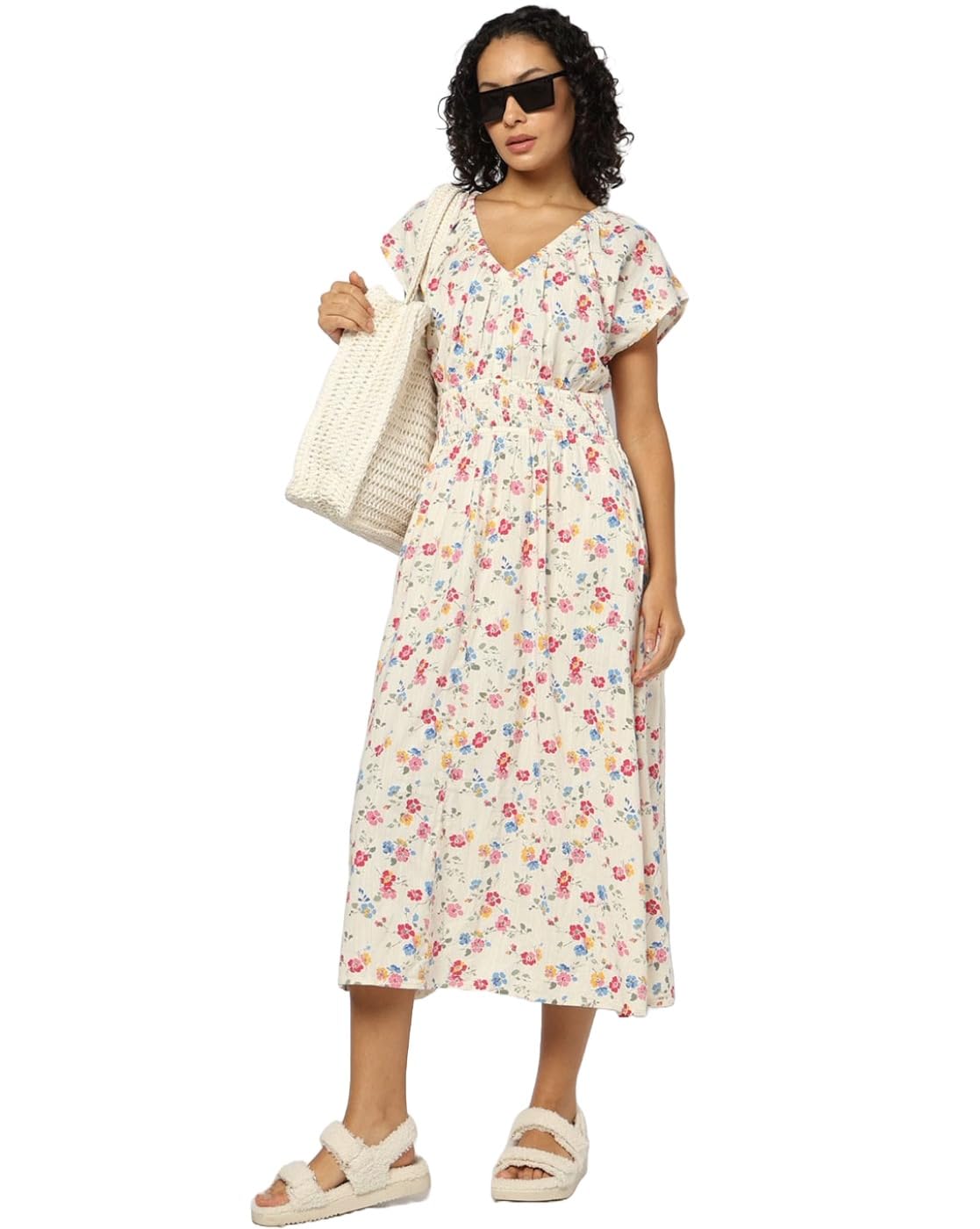 GAP Women Floral Short Sleeves V- Neck A-Line Dress,Multi,XS Multicolour