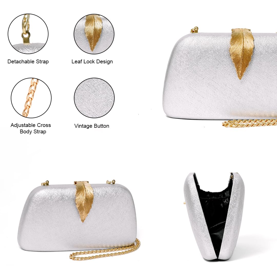 INOVERA (LABEL) Women Evening Hand Clutch | Ladies Party Wedding Purse with Chain Strap (Silver)
