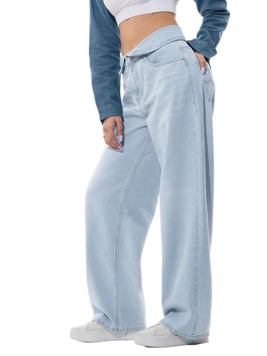 The Souled Store Baggy-Fit Denim: Cloudy Women and Girls Buttoned Waistband Light Blue Washed Cotton Denim Baggy Fit Asymmetric Crossover Waistband Lightweight Everyday Jeans